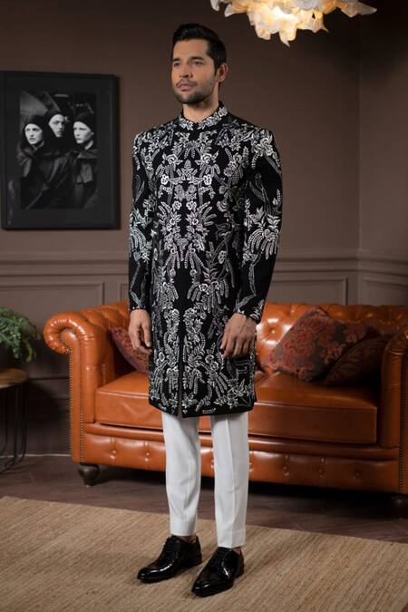 Courtyard By Abhi Black Lycra Embroidery Wildflower Sherwani With Trouser Online at Aza Fashions Courtyard By Abhi_Black Lycra Embroidery Wildflower Sherwani With Trouser _Online_at_Aza_Fashions