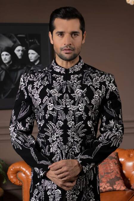 Buy Courtyard By Abhi Black Lycra Embroidery Wildflower Sherwani With Trouser Online at Aza Fashions Buy_Courtyard By Abhi_Black Lycra Embroidery Wildflower Sherwani With Trouser _Online_at_Aza_Fashions
