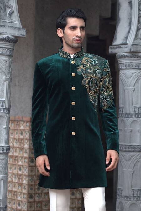 Buy_Courtyard By Abhi_Green Velvet, Cotton Embroidery Cosmo Bloom Sherwani With Trouser _Online_at_Aza_Fashions
