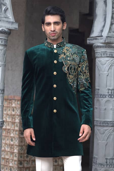 Shop_Courtyard By Abhi_Green Velvet, Cotton Embroidery Cosmo Bloom Sherwani With Trouser _Online_at_Aza_Fashions