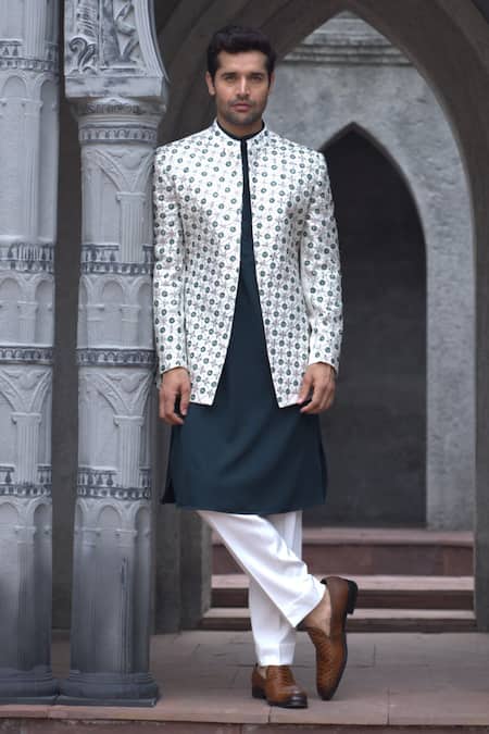 Courtyard By Abhi Ivory Silk Embroidery Bloom Jaal Bundi Kurta Set 