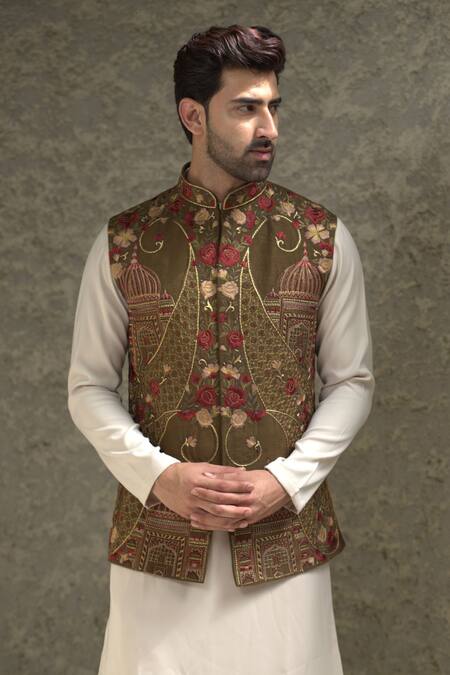 Courtyard By Abhi_Green Silk Embroidery Taj Bahar Bundi Set _Online_at_Aza_Fashions