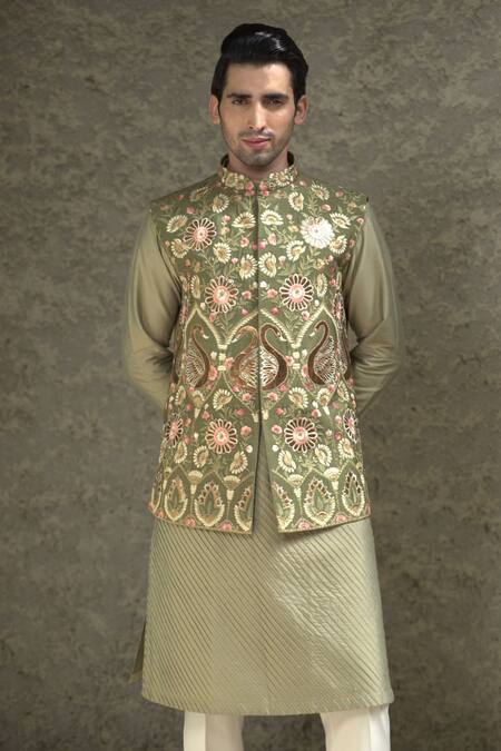 Courtyard By Abhi_Green Silk Embroidery Mughal Bahar Bundi Kurta Set _Online_at_Aza_Fashions