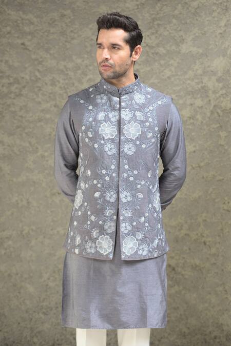 Courtyard By Abhi Gray Silk, Cotton Embroidery Iris Fleur Bundi Kurta Set Online at Aza Fashions Courtyard By Abhi_Gray Silk, Cotton Embroidery Iris Fleur Bundi Kurta Set _Online_at_Aza_Fashions
