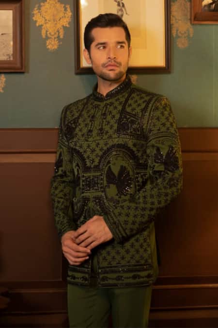 Shop Courtyard By Abhi Green Lycra Embroidery Jumeirah Bandhgala With Trouser at Aza Fashions Shop_Courtyard By Abhi_Green Lycra Embroidery Jumeirah Bandhgala With Trouser _at_Aza_Fashions