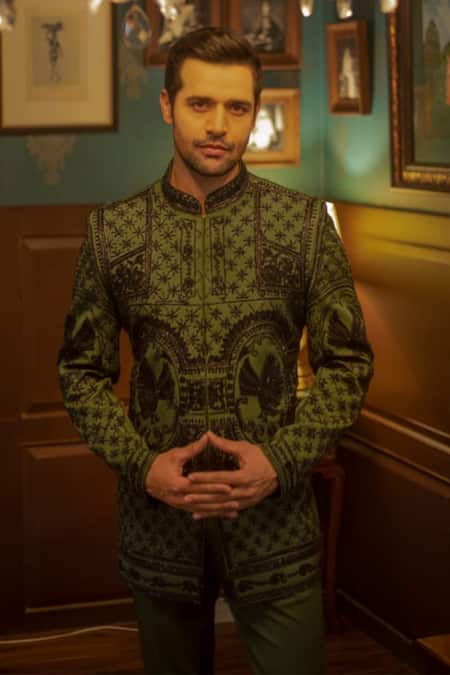 Buy Courtyard By Abhi Green Lycra Embroidery Jumeirah Bandhgala With Trouser Online at Aza Fashions Buy_Courtyard By Abhi_Green Lycra Embroidery Jumeirah Bandhgala With Trouser _Online_at_Aza_Fashions