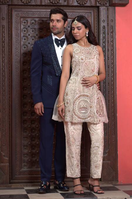 Courtyard By Abhi_Blue Lycra Embroidery Shimmery Bloom Blazer Set _Online_at_Aza_Fashions