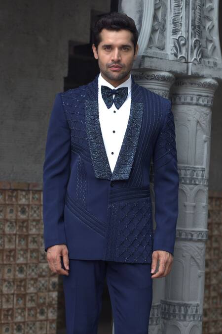 Buy_Courtyard By Abhi_Blue Lycra Embroidery Shimmery Bloom Blazer Set _Online_at_Aza_Fashions