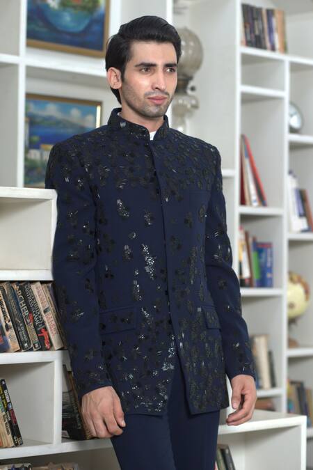 Courtyard By Abhi_Blue Lycra Embroidery Abstract Orion Bandhgala With Trouser _Online_at_Aza_Fashions