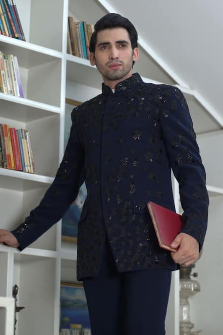 Buy_Courtyard By Abhi_Blue Lycra Embroidery Abstract Orion Bandhgala With Trouser _Online_at_Aza_Fashions