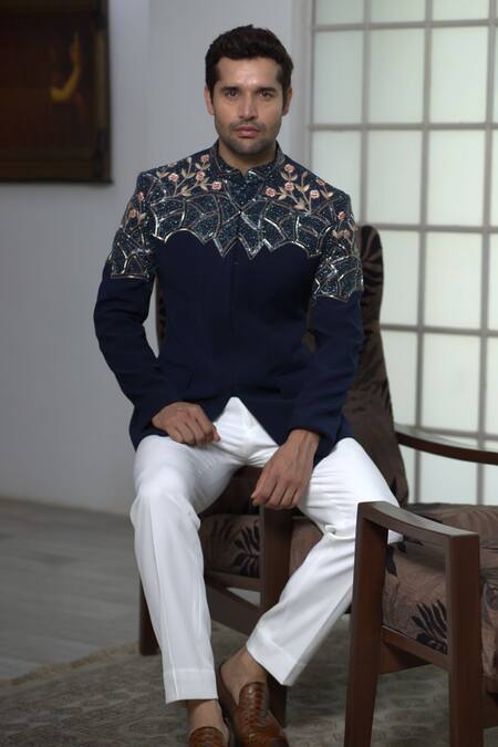 Courtyard By Abhi_Black Lycra Embroidery Bloom Garden Shoulder Yoke Bandhgala With Trouser _Online_at_Aza_Fashions