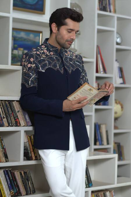 Buy_Courtyard By Abhi_Black Lycra Embroidery Bloom Garden Shoulder Yoke Bandhgala With Trouser _Online_at_Aza_Fashions