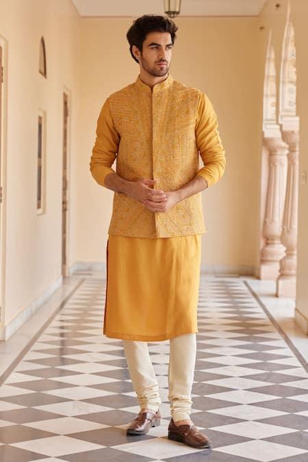 Osaa by Adarsh Orange Raw Silk Embroidered Zardosi Nehru Jacket And Kurta Set 