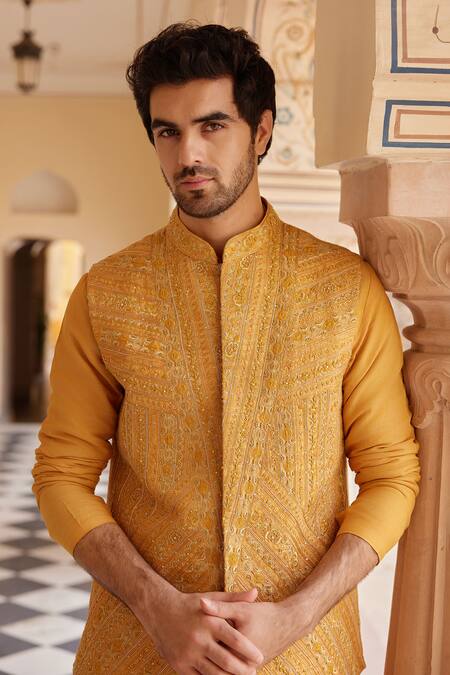Shop_Osaa By Adarsh_Orange Raw Silk Embroidered Zardosi Nehru Jacket Set _Online_at_Aza_Fashions