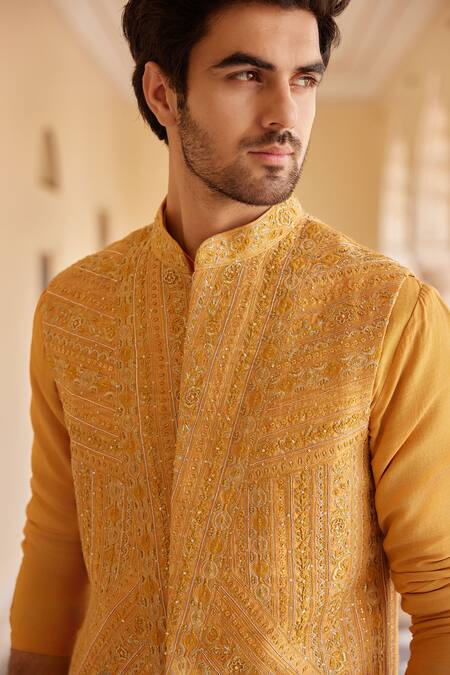 Osaa By Adarsh_Orange Raw Silk Embroidered Zardosi Nehru Jacket Set _at_Aza_Fashions