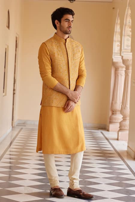Shop_Osaa By Adarsh_Orange Raw Silk Embroidered Zardosi Nehru Jacket Set _at_Aza_Fashions