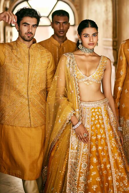 Buy_Osaa By Adarsh_Orange Raw Silk Embroidered Zardosi Nehru Jacket Set 