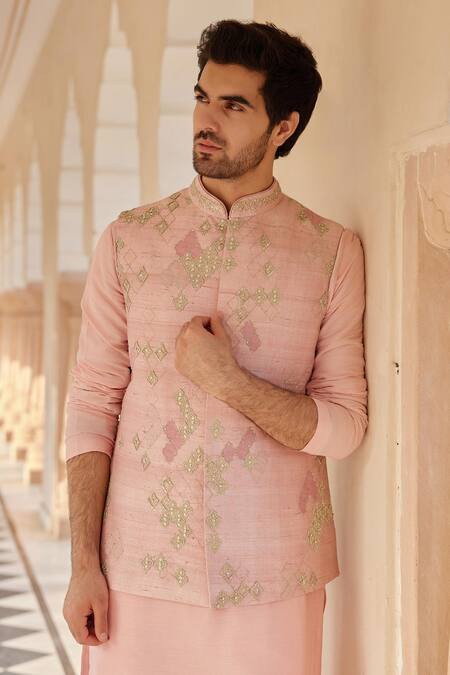 Osaa By Adarsh_Pink Raw Silk Embroidered Zardosi Tea Rose Nehru Jacket Set _Online_at_Aza_Fashions