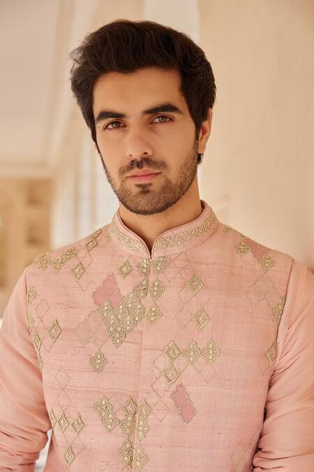 Shop_Osaa By Adarsh_Pink Raw Silk Embroidered Zardosi Tea Rose Nehru Jacket Set _Online_at_Aza_Fashions