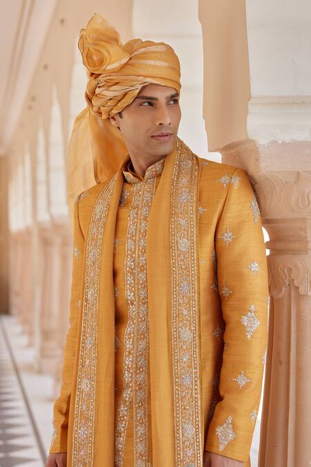 Osaa By Adarsh_Orange Raw Silk Embroidered Zardosi Sherwani Set _Online_at_Aza_Fashions