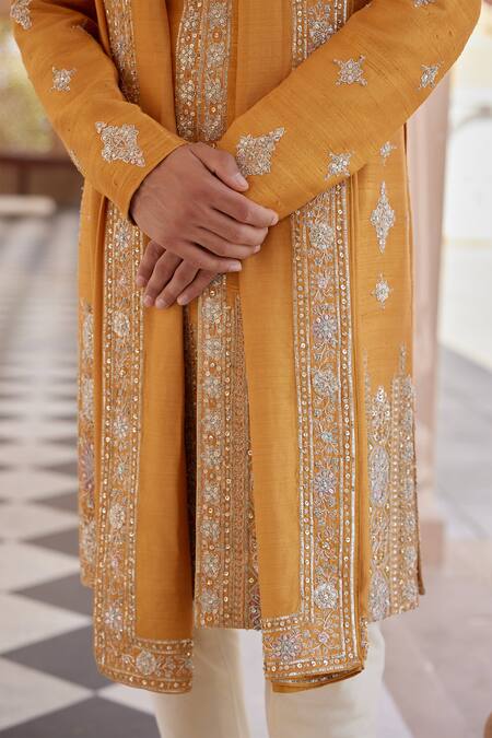 Buy_Osaa By Adarsh_Orange Raw Silk Embroidered Zardosi Sherwani Set _Online_at_Aza_Fashions