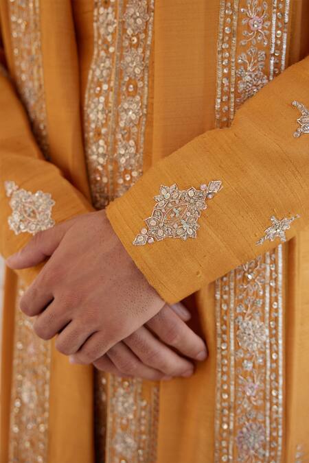 Shop_Osaa By Adarsh_Orange Raw Silk Embroidered Zardosi Sherwani Set _Online_at_Aza_Fashions