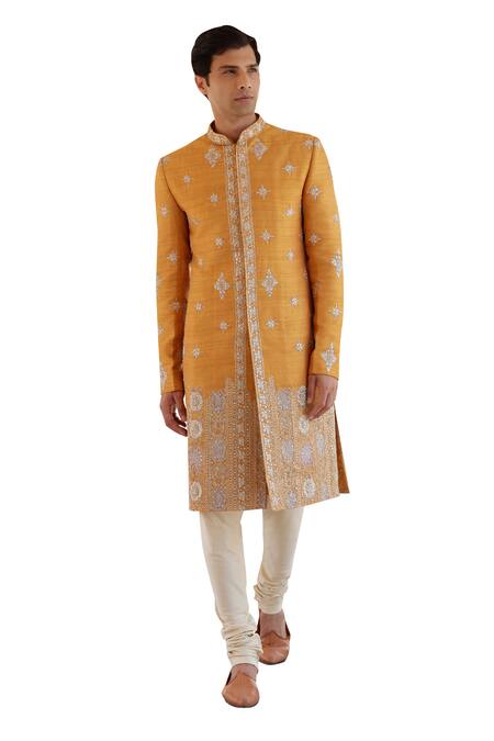 Buy_Osaa By Adarsh_Orange Raw Silk Embroidered Zardosi Sherwani Set 