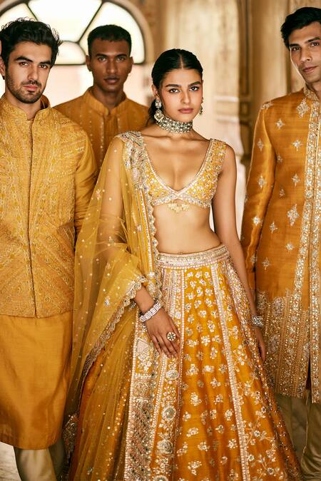 Shop_Osaa By Adarsh_Orange Raw Silk Embroidered Zardosi Sherwani Set 