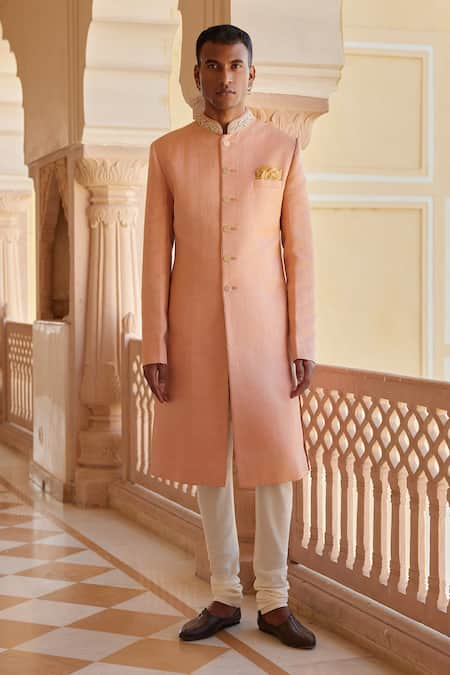 Osaa by Adarsh Peach Pure Linen Satin Embroidered Zardosi Mandarin Collar Sherwani Set 