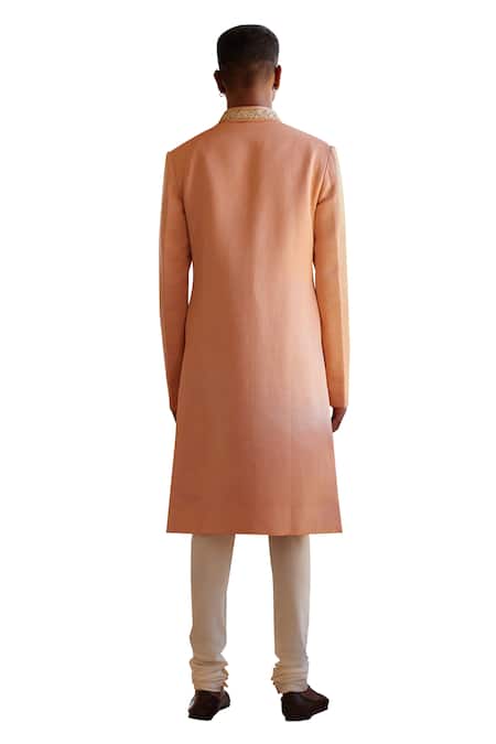 Osaa By Adarsh Peach Pure Linen Satin Embroidered Zardosi Mandarin Collar Sherwani Set Online at Aza Fashions Osaa By Adarsh_Peach Pure Linen Satin Embroidered Zardosi Mandarin Collar Sherwani Set _Online_at_Aza_Fashions
