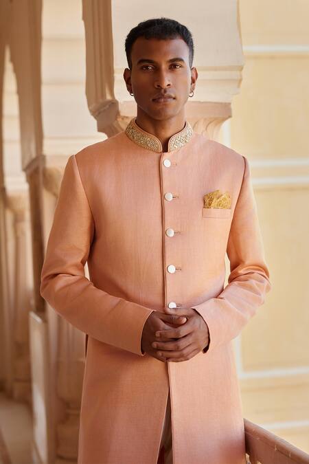 Buy Osaa By Adarsh Peach Pure Linen Satin Embroidered Zardosi Mandarin Collar Sherwani Set Online at Aza Fashions Buy_Osaa By Adarsh_Peach Pure Linen Satin Embroidered Zardosi Mandarin Collar Sherwani Set _Online_at_Aza_Fashions