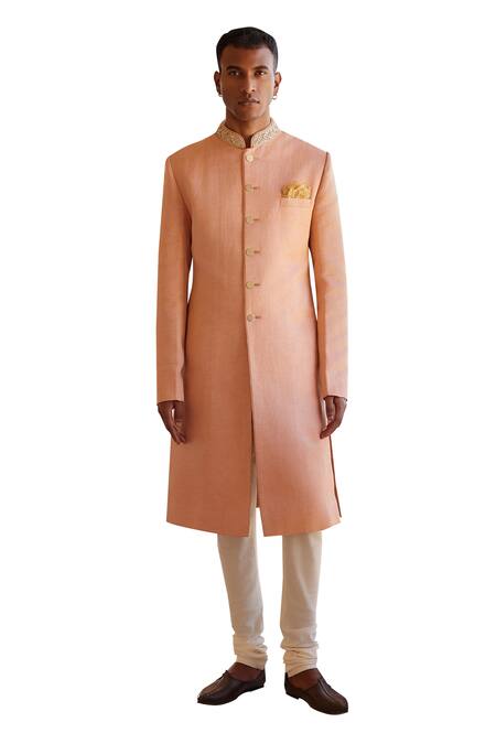 Shop Osaa By Adarsh Peach Pure Linen Satin Embroidered Zardosi Mandarin Collar Sherwani Set Online at Aza Fashions Shop_Osaa By Adarsh_Peach Pure Linen Satin Embroidered Zardosi Mandarin Collar Sherwani Set _Online_at_Aza_Fashions