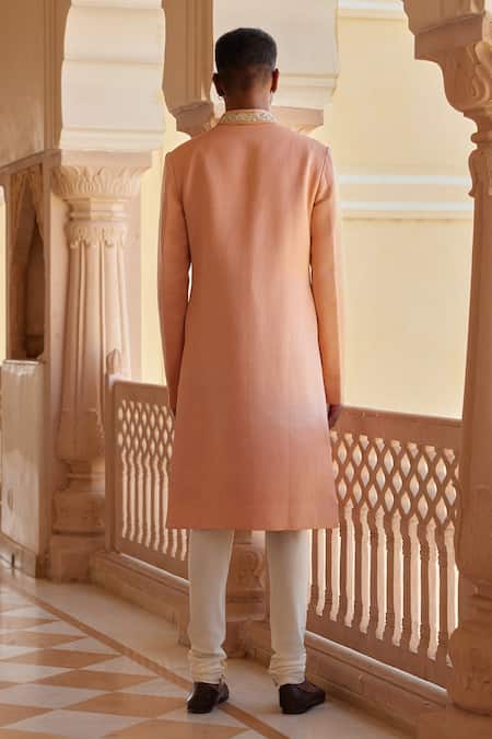 Shop Osaa By Adarsh Peach Pure Linen Satin Embroidered Zardosi Mandarin Collar Sherwani Set at Aza Fashions Shop_Osaa By Adarsh_Peach Pure Linen Satin Embroidered Zardosi Mandarin Collar Sherwani Set _at_Aza_Fashions