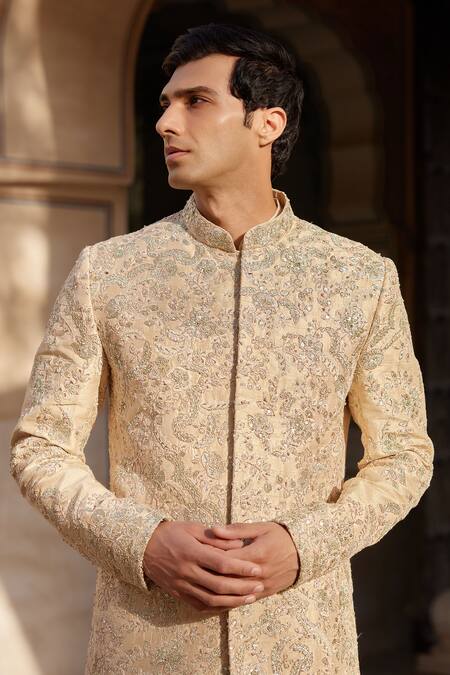 Shop Osaa By Adarsh Beige Raw Silk Embroidered Zardosi Sherwani Churidar Set Online at Aza Fashions Shop_Osaa By Adarsh_Beige Raw Silk Embroidered Zardosi Sherwani Churidar Set _Online_at_Aza_Fashions