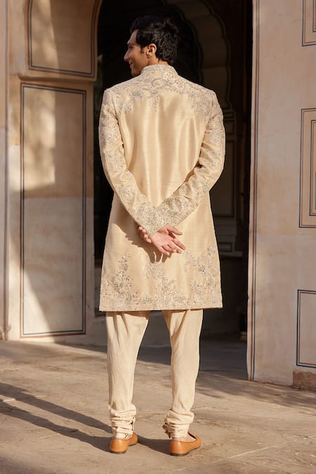 Shop Osaa By Adarsh Beige Raw Silk Embroidered Zardosi Sherwani Churidar Set at Aza Fashions Shop_Osaa By Adarsh_Beige Raw Silk Embroidered Zardosi Sherwani Churidar Set _at_Aza_Fashions