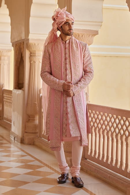 Osaa by Adarsh Pink Raw Silk Embroidered Zardosi Sherwani Set 