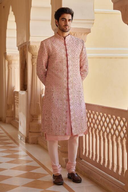 Shop Osaa By Adarsh Pink Raw Silk Embroidered Zardosi Sherwani Set Online at Aza Fashions Shop_Osaa By Adarsh_Pink Raw Silk Embroidered Zardosi Sherwani Set _Online_at_Aza_Fashions