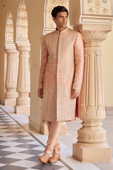 Osaa by Adarsh Peach Raw Silk Embroidered Zardosi Sherwani Set With Dupatta 