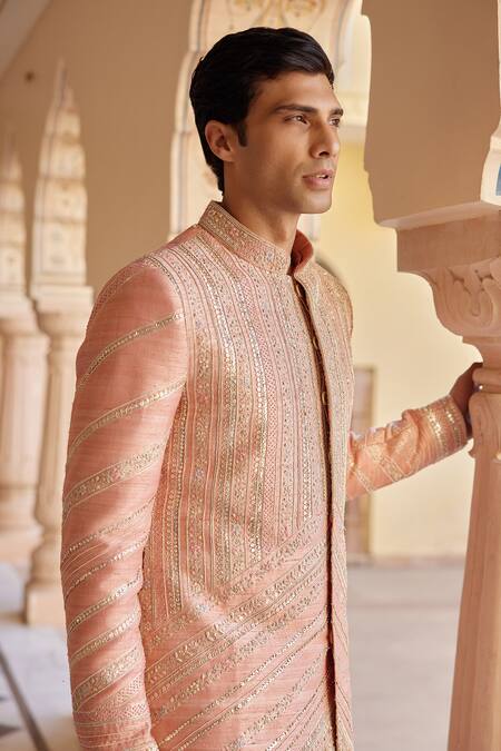 Buy Osaa By Adarsh Peach Raw Silk Embroidered Zardosi Sherwani Set With Dupatta Online at Aza Fashions Buy_Osaa By Adarsh_Peach Raw Silk Embroidered Zardosi Sherwani Set With Dupatta _Online_at_Aza_Fashions