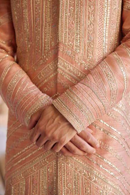 Shop Osaa By Adarsh Peach Raw Silk Embroidered Zardosi Sherwani Set With Dupatta Online at Aza Fashions Shop_Osaa By Adarsh_Peach Raw Silk Embroidered Zardosi Sherwani Set With Dupatta _Online_at_Aza_Fashions