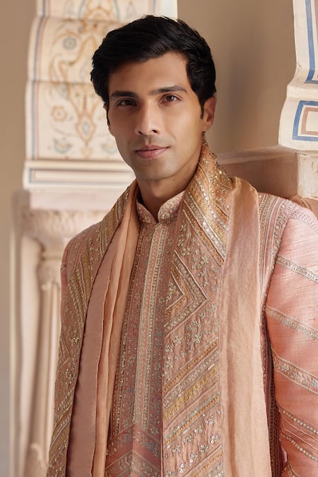 Osaa By Adarsh Peach Raw Silk Embroidered Zardosi Sherwani Set With Dupatta at Aza Fashions Osaa By Adarsh_Peach Raw Silk Embroidered Zardosi Sherwani Set With Dupatta _at_Aza_Fashions
