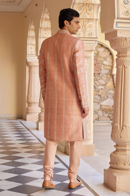 Shop Osaa By Adarsh Peach Raw Silk Embroidered Zardosi Sherwani Set With Dupatta at Aza Fashions Shop_Osaa By Adarsh_Peach Raw Silk Embroidered Zardosi Sherwani Set With Dupatta _at_Aza_Fashions