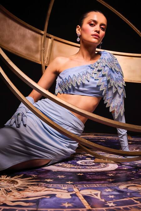 Buy_Ohaila Khan_Blue Organza, Polyester, Constellation Embroidered Blouse With Draped Skirt _Online_at_Aza_Fashions