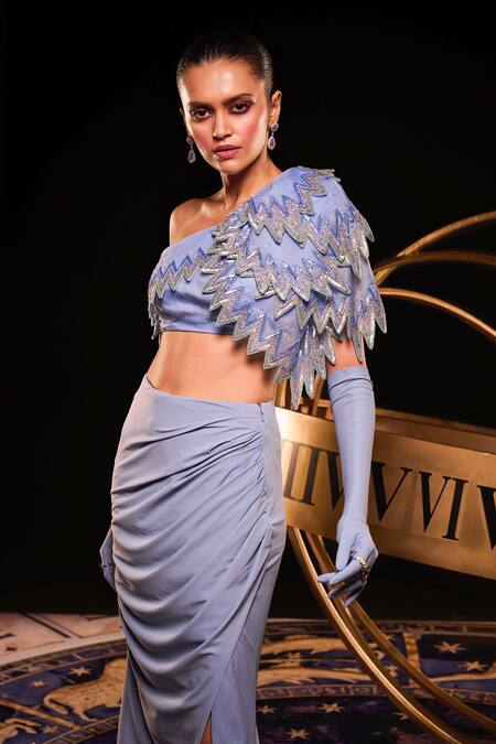Shop_Ohaila Khan_Blue Organza, Polyester, Constellation Embroidered Blouse With Draped Skirt _Online_at_Aza_Fashions
