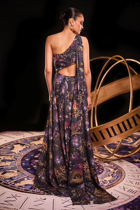 Ohaila Khan Navy Starburst Constellation Print Saree Gown 