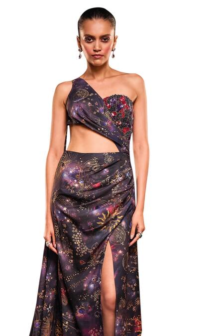 Buy Ohaila Khan Multi Color Polyester Pearls, Navy Starburst Constellation Print Saree Gown Online at Aza Fashions Buy_Ohaila Khan_Multi Color Polyester Pearls, Navy Starburst Constellation Print Saree Gown _Online_at_Aza_Fashions
