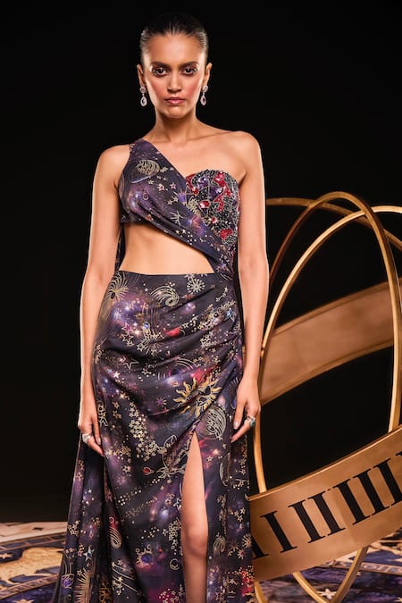 Shop Ohaila Khan Multi Color Polyester Pearls, Navy Starburst Constellation Print Saree Gown Online at Aza Fashions Shop_Ohaila Khan_Multi Color Polyester Pearls, Navy Starburst Constellation Print Saree Gown _Online_at_Aza_Fashions