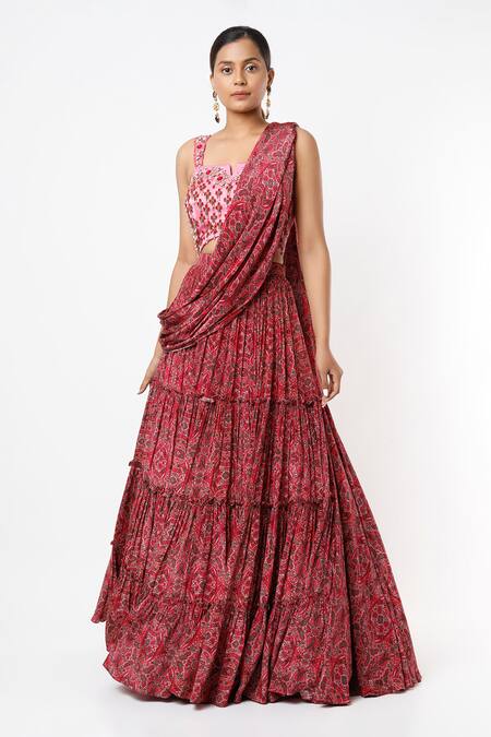 Vana Ethnics Pink Viscose Embroidery Split V-neck Floral Embellished Blouse With Lehenga Online at Aza Fashions Vana Ethnics_Pink Viscose Embroidery Split V-neck Floral Embellished Blouse With Lehenga _Online_at_Aza_Fashions