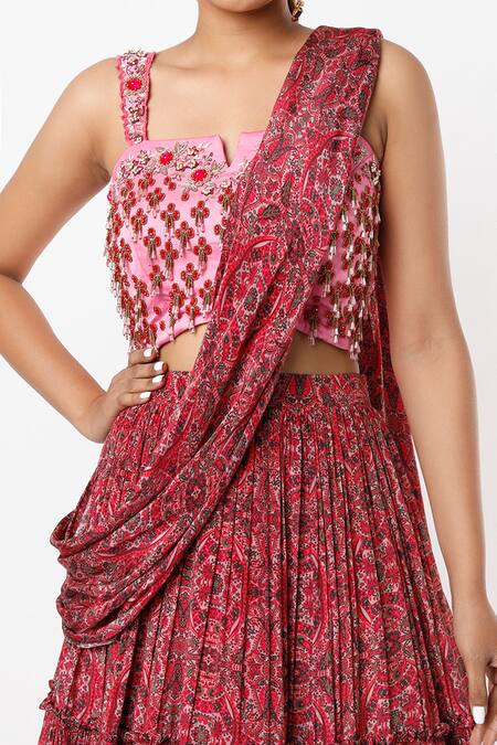 Shop Vana Ethnics Pink Viscose Embroidery Split V-neck Floral Embellished Blouse With Lehenga Online at Aza Fashions Shop_Vana Ethnics_Pink Viscose Embroidery Split V-neck Floral Embellished Blouse With Lehenga _Online_at_Aza_Fashions
