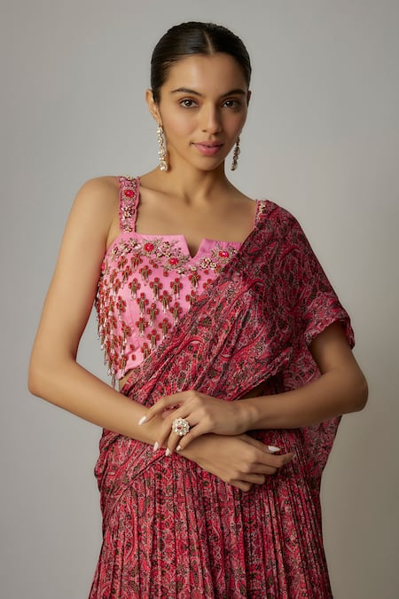 Vana Ethnics Pink Viscose Embroidery Split V-neck Floral Embellished Blouse With Lehenga at Aza Fashions Vana Ethnics_Pink Viscose Embroidery Split V-neck Floral Embellished Blouse With Lehenga _at_Aza_Fashions
